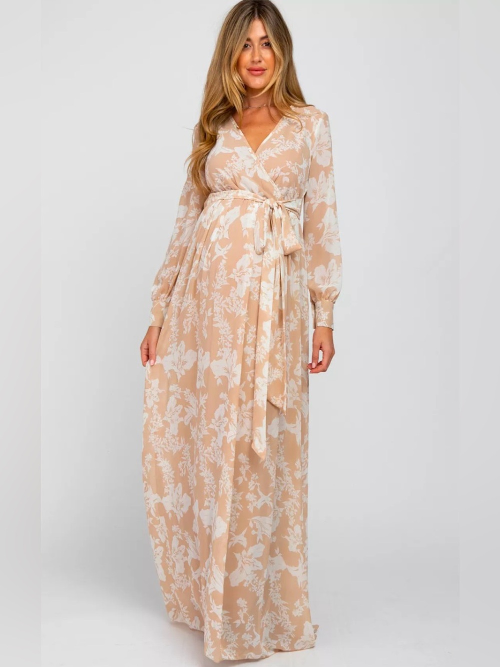 Ricarica Maternity Floral Chiffon Maxi Dress in Peach Cream